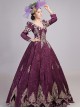 Lake Blue Long Dark Golden Embroidery Classical European Court Style Lolita Prom Long Sleeve Dress