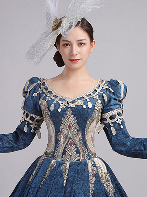 Lake Blue Long Dark Golden Embroidery Classical European Court Style Lolita Prom Long Sleeve Dress