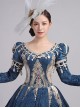 Lake Blue Long Dark Golden Embroidery Classical European Court Style Lolita Prom Long Sleeve Dress