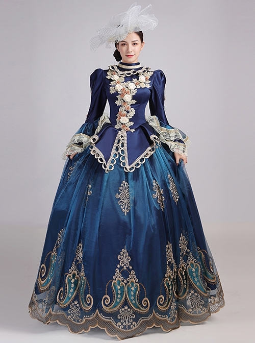 Retro Blue Stand Collar Lace Long Sleeve Delicate Complicated Printed Hem Lolita Prom Dress