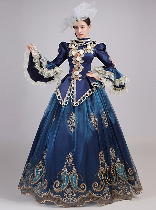 Retro Blue Stand Collar Lace Long Sleeve Delicate Complicated Printed Hem Lolita Prom Dress