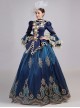 Retro Blue Stand Collar Lace Long Sleeve Delicate Complicated Printed Hem Lolita Prom Dress