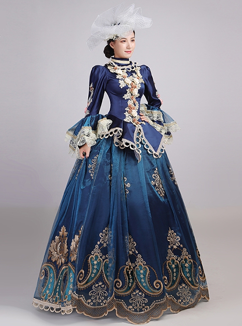 Retro Blue Stand Collar Lace Long Sleeve Delicate Complicated Printed Hem Lolita Prom Dress