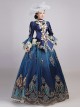 Retro Blue Stand Collar Lace Long Sleeve Delicate Complicated Printed Hem Lolita Prom Dress