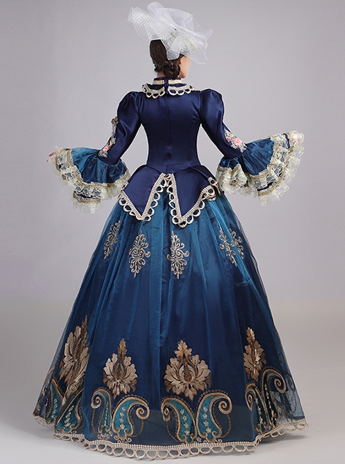 Retro Blue Stand Collar Lace Long Sleeve Delicate Complicated Printed Hem Lolita Prom Dress