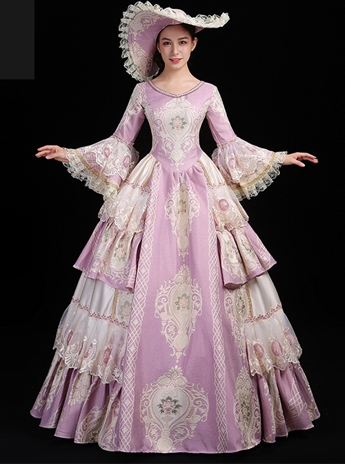 Classic Pink Boat Neck Lace Long Sleeve Delicate Complicated Printed Hem Lolita Prom Dress