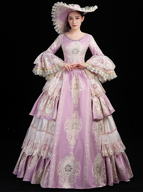 Classic Pink Boat Neck Lace Long Sleeve Delicate Complicated Printed Hem Lolita Prom Dress