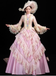 Elegant Pink Stand Neck Lace Long Sleeve Back Hem Printed Trailing Catwalk Host Classical Lolita Prom Dress