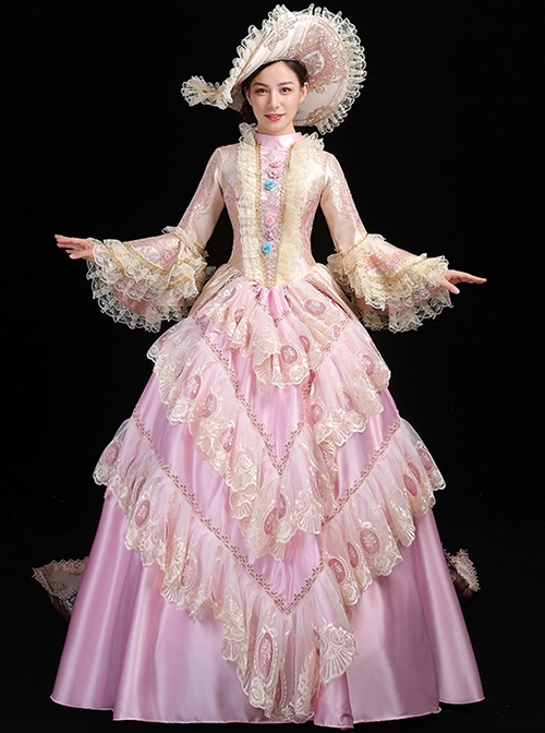 Elegant Pink Stand Neck Lace Long Sleeve Back Hem Printed Trailing Catwalk Host Classical Lolita Prom Dress