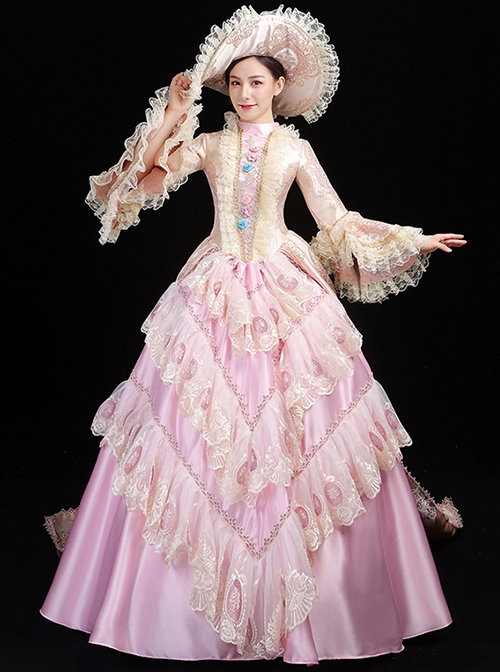 Elegant Pink Stand Neck Lace Long Sleeve Back Hem Printed Trailing Catwalk Host Classical Lolita Prom Dress