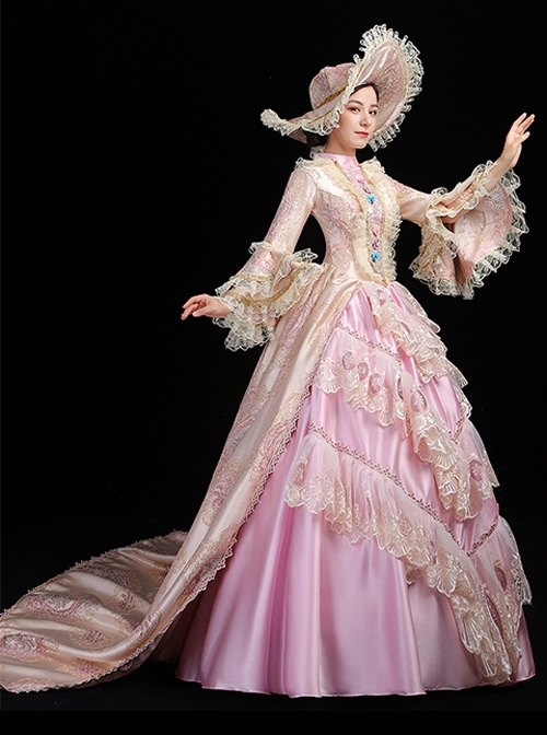Elegant Pink Stand Neck Lace Long Sleeve Back Hem Printed Trailing Catwalk Host Classical Lolita Prom Dress