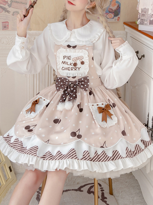 Cherry Milk Pie Series JSK Cute Polka Dot Pattern Brown Element Bow Tie Pleated Lace Classic Lolita Sling Dress