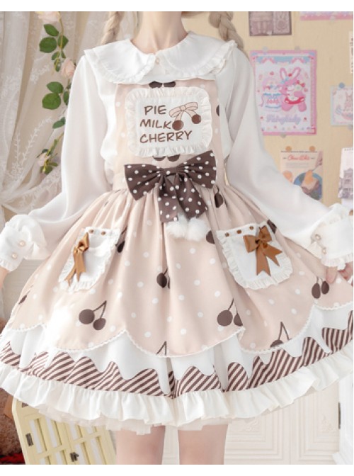 Cherry Milk Pie Series JSK Cute Polka Dot Pattern Brown Element Bow Tie Pleated Lace Classic Lolita Sling Dress