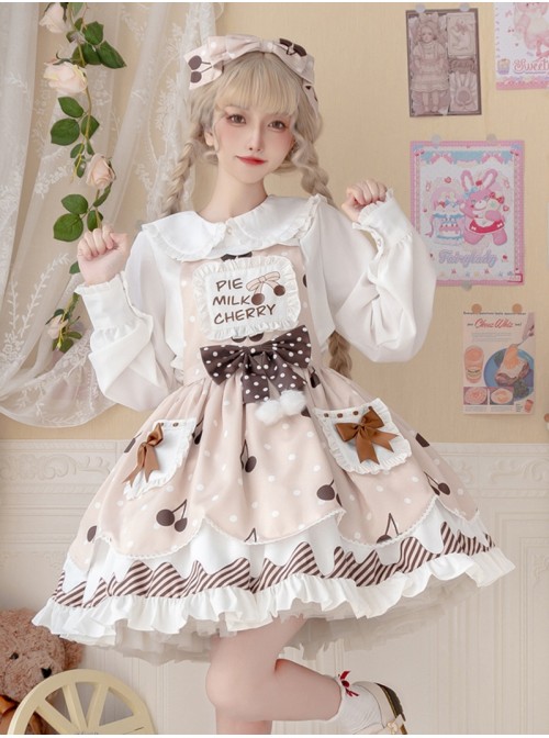 Cherry Milk Pie Series JSK Cute Polka Dot Pattern Brown Element Bow Tie Pleated Lace Classic Lolita Sling Dress