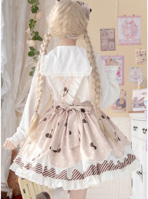 Cherry Milk Pie Series JSK Cute Polka Dot Pattern Brown Element Bow Tie Pleated Lace Classic Lolita Sling Dress