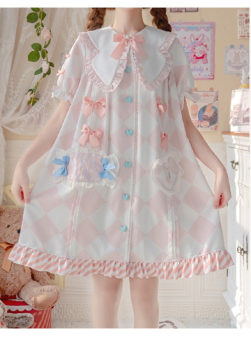 Child Dream Paradise Series OP Pink Diamond Pattern Irregular Cute Pockets Heart Button Large Pleated Neckline Dress