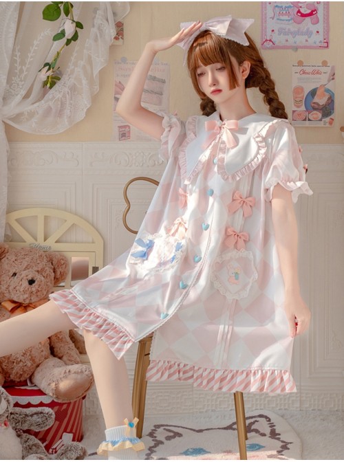 Child Dream Paradise Series OP Pink Diamond Pattern Irregular Cute Pockets Heart Button Large Pleated Neckline Dress