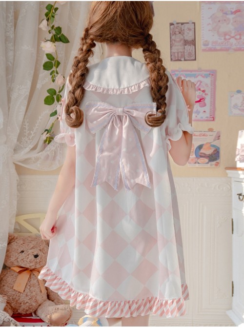 Child Dream Paradise Series OP Pink Diamond Pattern Irregular Cute Pockets Heart Button Large Pleated Neckline Dress