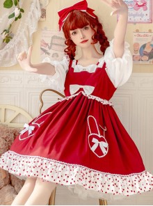 Bunny Jam Series Red Cute Polka-Dot Crinkled Hem Rabbit-Shaped Pocket Classic Lolita Princess Dress 