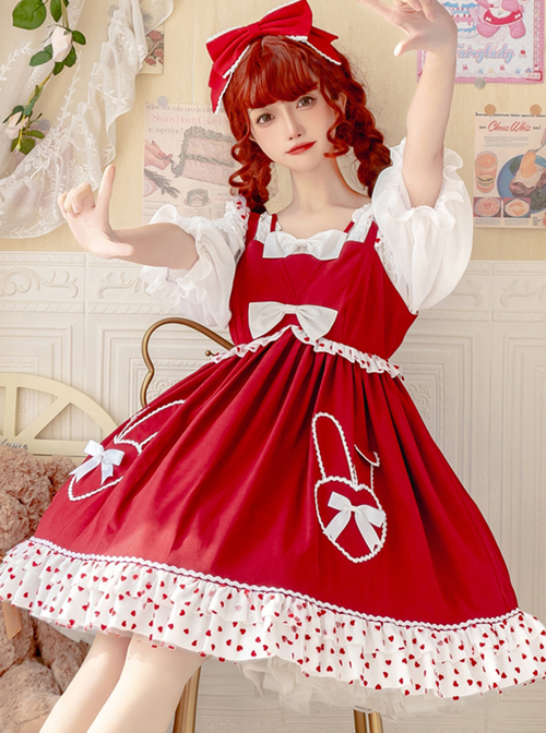 Bunny Jam Series Red Cute Polka-Dot Crinkled Hem Rabbit-Shaped Pocket Classic Lolita Princess Dress 