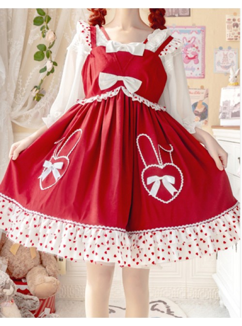 Bunny Jam Series Red Cute Polka-Dot Crinkled Hem Rabbit-Shaped Pocket Classic Lolita Princess Dress 