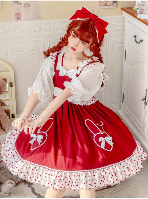 Bunny Jam Series Red Cute Polka-Dot Crinkled Hem Rabbit-Shaped Pocket Classic Lolita Princess Dress 