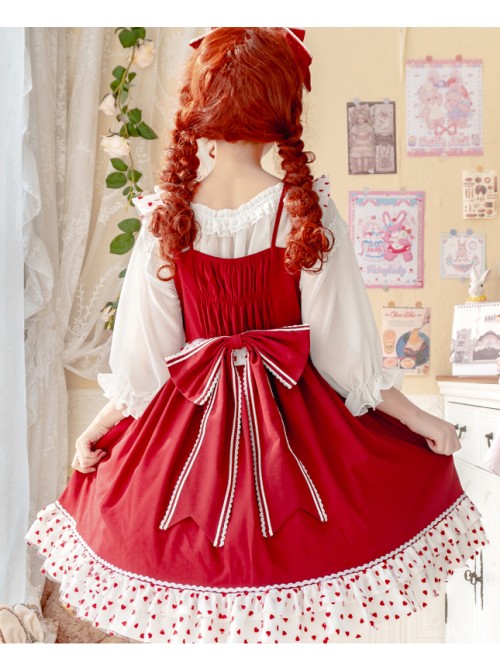 Bunny Jam Series Red Cute Polka-Dot Crinkled Hem Rabbit-Shaped Pocket Classic Lolita Princess Dress