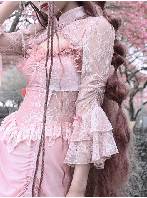 Cherry Nightmare Series Pink Romantic Velvet Jacquard Embroidery Flared Sleeve Design Improved Gothic Female Short Coat