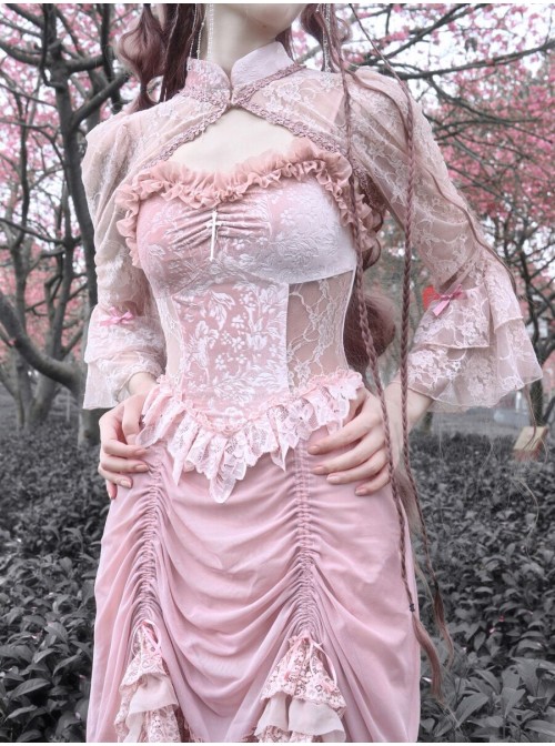 Cherry Nightmare Series Pink Romantic Velvet Jacquard Embroidery Flared Sleeve Design Improved Gothic Female Short Coat