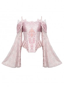 Cherry Nightmare Series Gothic Pink pleated lace  Velvet Jacquard Embroidery Cross Shape Flared Sleeve Design Sexy Halter Top