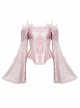 Cherry Nightmare Series Gothic Pink pleated lace  Velvet Jacquard Embroidery Cross Shape Flared Sleeve Design Sexy Halter Top 