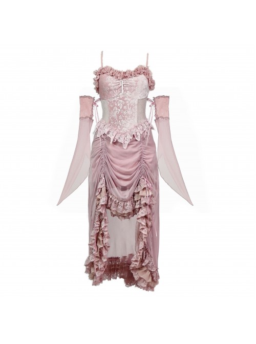 Cherry Nightmare Series Velvet Embossed Fabric Lace Frills Drawstring Design Stretch Flared Sleeves Sexy Gothic Pink Sling Dress