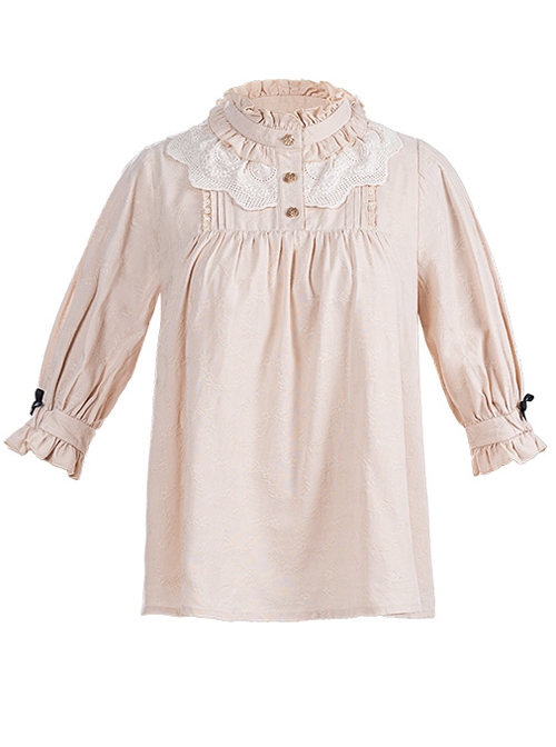 Catch Stars Series Cotton Jacquard Embroidery Folds Petal Neckline Rose Button Decoration Classic Lolita Short Sleeve Shirt