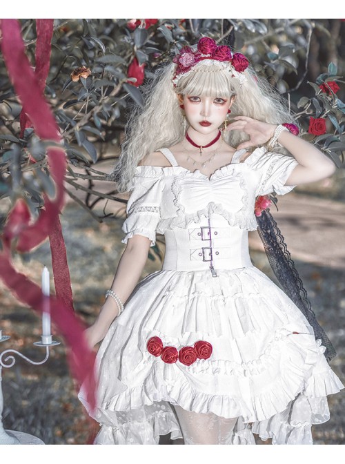 Letters And Poems Gunpowder Series White Pleated Lace Jacquard Drawstring Red Rose Embellishment PU Personalized Girdle Gothic Lolita Dress Set