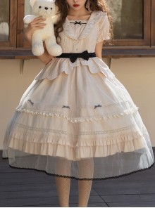Letters And Poems Glazed Window Series Pattern Exquisite Embroidery Doll Collar Pleated Hem Bow Knot Apron Classic Lolita Dress Set