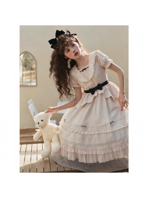 Letters And Poems Glazed Window Series Pattern Exquisite Embroidery Doll Collar Pleated Hem Bow Knot Apron Classic Lolita Dress Set