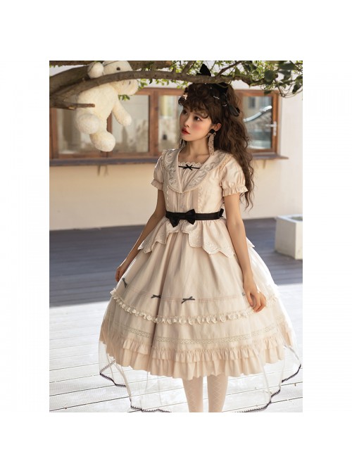 Letters And Poems Glazed Window Series Pattern Exquisite Embroidery Doll Collar Pleated Hem Bow Knot Apron Classic Lolita Dress Set