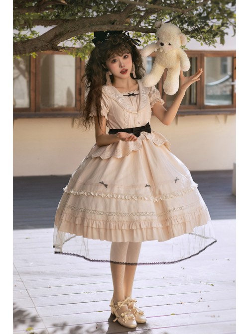 Letters And Poems Glazed Window Series Pattern Exquisite Embroidery Doll Collar Pleated Hem Bow Knot Apron Classic Lolita Dress Set