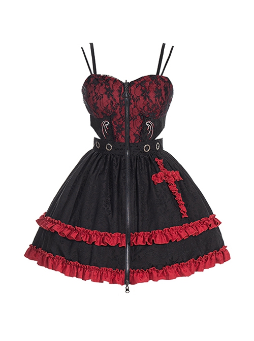 Judgment Day Series JSK Dark Punk Lolita Black Red Lace Jacquard Embroidery Waist Cutout Crucifix Fold Metal Buckle Decoration Zipper Sling Dress