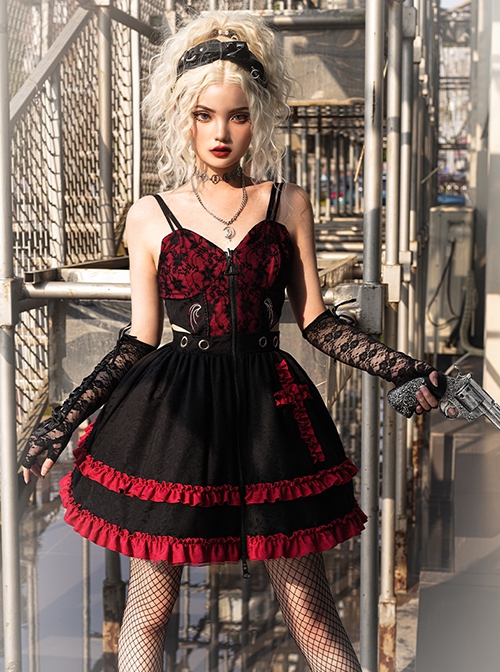 Judgment Day Series JSK Dark Punk Lolita Black Red Lace Jacquard Embroidery Waist Cutout Crucifix Fold Metal Buckle Decoration Zipper Sling Dress