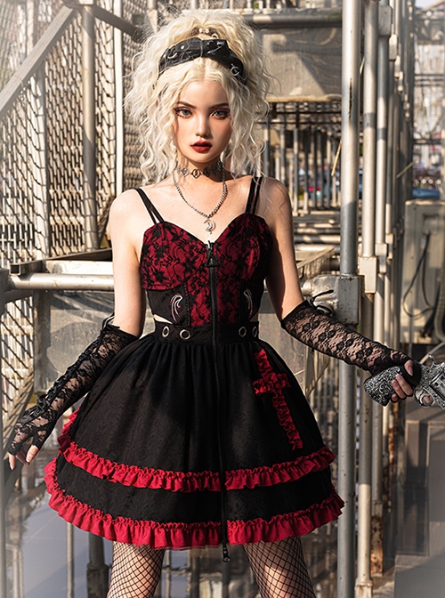 Judgment Day Series JSK Dark Punk Lolita Black Red Lace Jacquard Embroidery Waist Cutout Crucifix Fold Metal Buckle Decoration Zipper Sling Dress