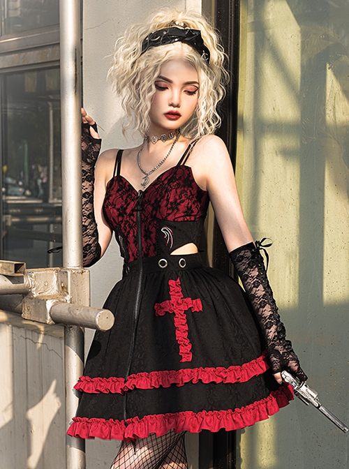 Judgment Day Series JSK Dark Punk Lolita Black Red Lace Jacquard Embroidery Waist Cutout Crucifix Fold Metal Buckle Decoration Zipper Sling Dress