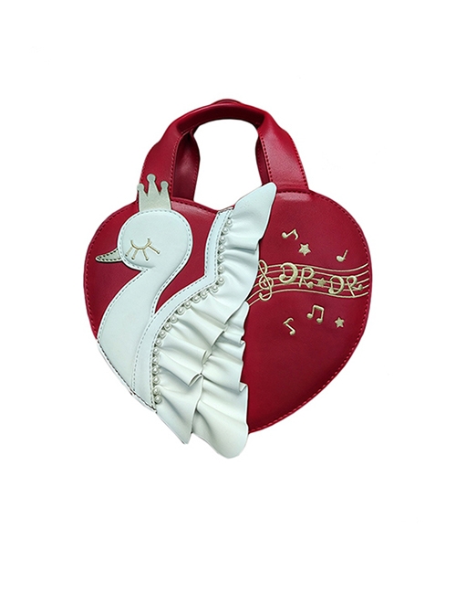 Cute White Little Swan PU Leather Folds Pearl Decoration Embroidery Classic Lolita Heart Tote Bag