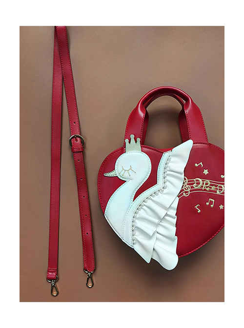 Cute White Little Swan PU Leather Folds Pearl Decoration Embroidery Classic Lolita Heart Tote Bag