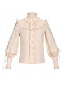 Pastoral Style Stand Collar Light Green Lace Up Apricot Classic Lolita Long Sleeve Shirt