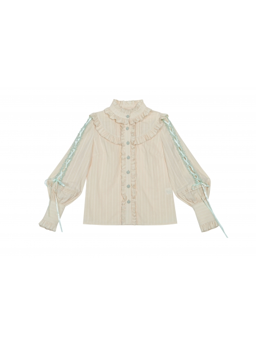 Pastoral Style Stand Collar Light Green Lace Up Apricot Classic Lolita Long Sleeve Shirt