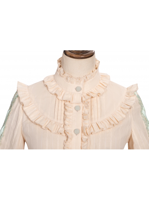 Pastoral Style Stand Collar Light Green Lace Up Apricot Classic Lolita Long Sleeve Shirt