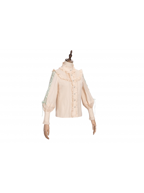 Pastoral Style Stand Collar Light Green Lace Up Apricot Classic Lolita Long Sleeve Shirt