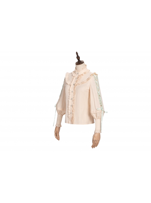 Pastoral Style Stand Collar Light Green Lace Up Apricot Classic Lolita Long Sleeve Shirt