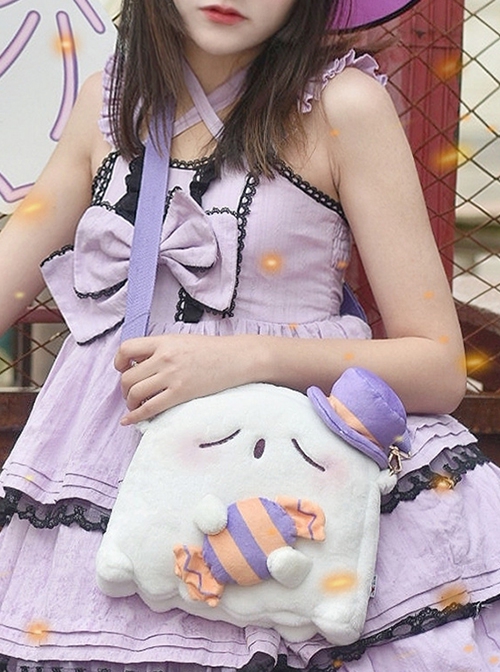 White Plush Cute Candy Ghost Doll Purple Top Hat Decoration Christmas Elements Classic Lolita Shoulder Bags